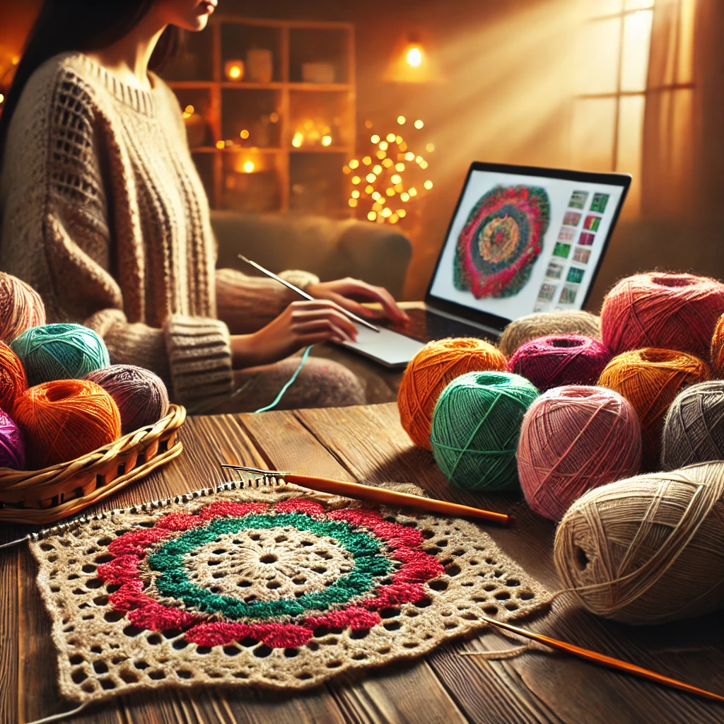 A cozy workspace featuring a crochet enthusiast working with vibrant yarns and a laptop displaying a crochet pattern website.