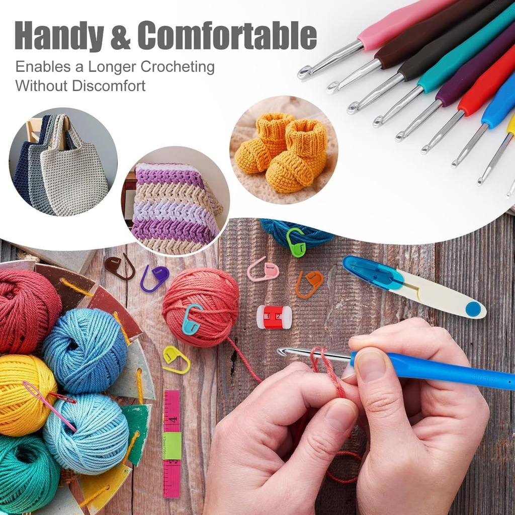 A collection of ergonomic crochet hooks with colorful handles is displayed at the top. Below, a pair of hands is crocheting with a blue-handled hook, surrounded by colorful yarn, stitch markers, and measuring tools on a wooden surface. The image also includes small circular insets showcasing finished crochet projects like bags, a blanket, and baby booties. The text "Handy & Comfortable – Enables a Longer Crocheting Without Discomfort" is written in bold at the top.