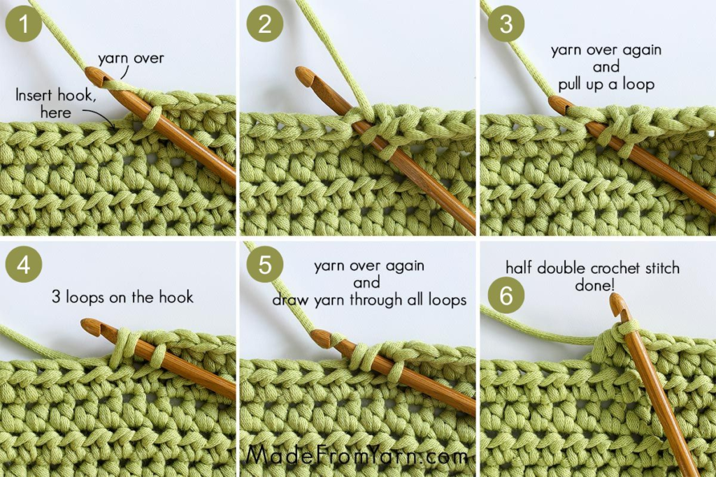 A six-step visual tutorial demonstrating how to crochet a half double crochet stitch using green yarn and a wooden crochet hook. Each step is numbered and labeled, guiding through the process from inserting the hook and yarning over to completing the stitch. The tutorial provides clear instructions for beginners, with close-up images of the crochet process.