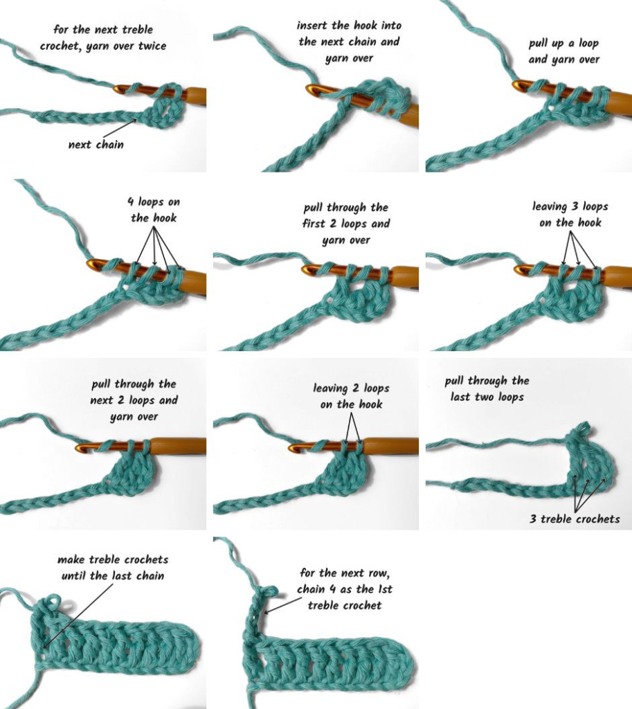 A detailed visual tutorial demonstrating how to crochet a treble stitch using teal-colored yarn and a wooden crochet hook. The tutorial is divided into multiple steps, showing how to yarn over twice, insert the hook into the chain, pull through loops in stages, and complete the stitch. The final images show a row of completed treble crochets and the instructions for starting a new row with a chain of four. This guide is ideal for beginners learning treble crochet.