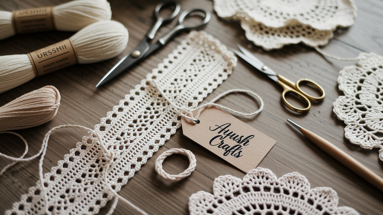 Handmade cotton lace crochet trims and accessories on a rustic wooden surface, featuring Urshii cotton thread and crochet tools, showcasing the versatility of cotton lace for DIY crafts and fashion.